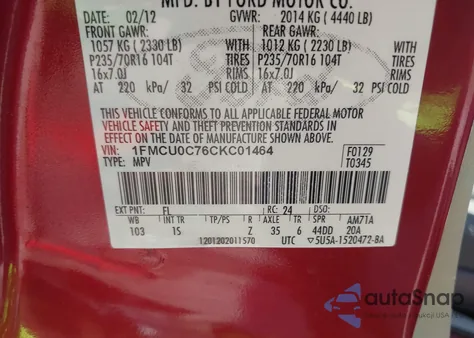 2012 Ford Escape Xls z USA, uszkodzony, nr VIN 1FMCU0C76CKC01464